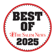 Circular badge with a red border reads “BEST OF The Salem News 2025” in bold black and red text on a white background.