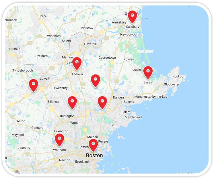 Map of northeastern Massachusetts showing several red location markers, including one on Boston and others in surrounding cities such as Lowell, Andover, Salem, and Salisbury.