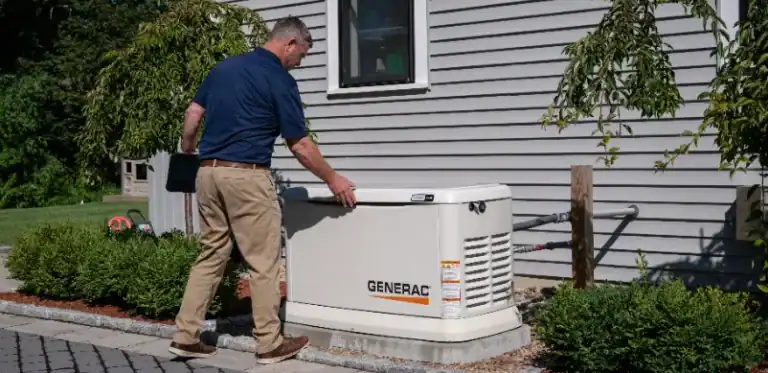 A Cranney Home Services technician inspects a Generac generator outside a home, set among neat landscaping and a paved walkway.