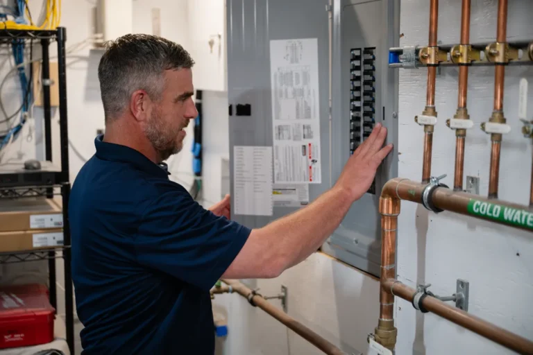 A man in a navy shirt inspects or operates a circuit breaker panel in a utility room with labeled pipes and electrical equipment.