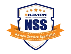 Shield-shaped badge with "Navien NSS Navien Service Specialist" and an orange ribbon across the bottom, indicating service certification.