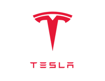 Red Tesla logo consisting of a stylized "T" above the word "TESLA" in uppercase letters on a transparent background.
