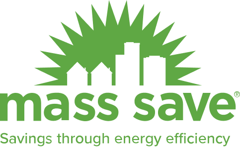 Green "mass save" logo with a sunburst, house shapes, and city buildings above the text "Savings through energy efficiency" on a black background.