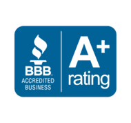 Blue badge showing "BBB Accredited Business" with an "A+ rating" beside the Better Business Bureau torch logo.