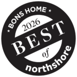A black and white circular badge displays the text: “BONS HOME 2026 BEST of Northshore. Cranney,” highlighting Cranney Home Services’ recognition for outstanding service on the Northshore.